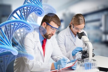 Wall Mural - research concept, scientist using microscope with dna molecules symbol