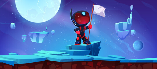 Wall Mural - astronaut in space on alien planet landscape with flying stones and moon. cosmos background with cut