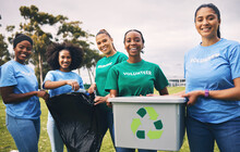Young People, Recycling And Volunteer Portrait Of Group Doing Outdoor Waste And Garbage Cleaning. Earth Day, Charity And Community Clean Up Project With Student Teamwork To Recycle For Sustainability