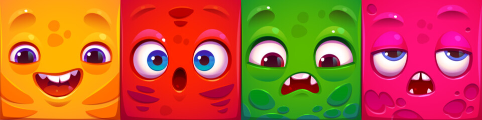 Wall Mural - Set square monster face for player avatar in game. Cartoon emotion expression on stickers in vector. Funny alien character collection with happy laughter, upset or sad mood, surprised, open mouth