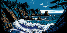 Wood Block Inspired Illustration Of California's Big Sur During Storm. Generative Ai