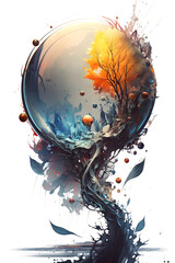 Beautiful watercolor abstract composition. A splash of yellow and blue paint on a white background, splashes and drops. In the middle is a transparent sphere. AI generative.