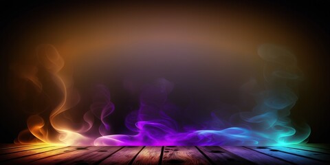 Wall Mural - Empty dark scene with wooden old floor with smoke and fog for your product display created with generative AI