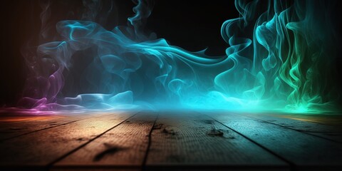 Wall Mural - Empty dark scene with wooden old floor with smoke and fog for your product display created with generative AI