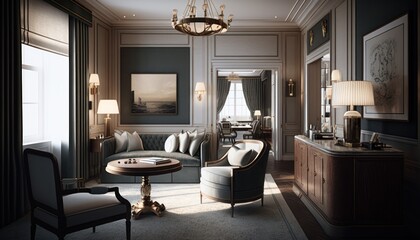 Wall Mural - Luxury living room, Hotel suite interior, comfortable classic furnirture, sofa and armchairs,  Generative AI