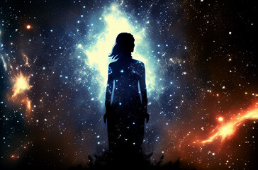 abstract of silhouette person meditation enlightenment universe background, wisdom of light, mindful