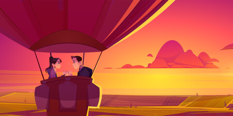 Wall Mural - Romantic couple enjoying hot air balloon flight above field landscape. Vector cartoon illustration of happy man and woman in love holding hands and smiling in flying basket, beautiful sunrise in sky