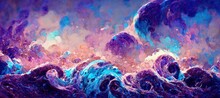 Abstract Sea Foam Splash Bubbles, Detailed Turbulent Ocean Waves Surf. Vivid Watercolor Purple And Blue Grungy Texturing, Bokeh Blur Background Glitter And Sparkle - Generative AI.