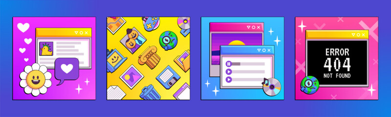 Fototapete - set of old software windows, y2k vaporwave style. vector illustration of retro chat messenger with c