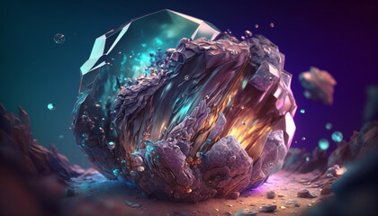a strange space rock, inside of which is a colored glow. outer space background. Generative AI.