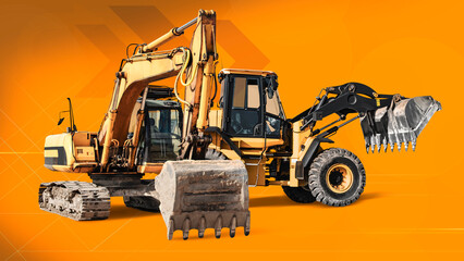 Wall Mural - Excavator and bulldozer loader with raised bucket close-up on orange industrial background. Construction equipment for earthworks. Rental of construction equipment.