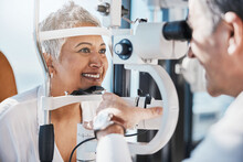 Senior Woman, Eye Exam And Optometrist With Medical Eyes Test At Doctor Consultation. Vision, Healthcare Focus And Old Female Patient With Consulting Wellness Expert For Lens And Glasses Check