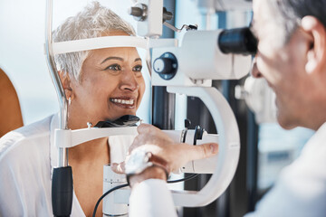 Canvas Print - Senior woman, eye exam and optometrist with medical eyes test at doctor consultation. Vision, healthcare focus and old female patient with consulting wellness expert for lens and glasses check