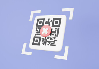 Poster - Online payment QR code scanning incorrect mark pay money declined on purple background. shopping special concept. digital transaction financial, no, wrong. 3d rendering illustration