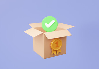 Poster - Brown box icon or open present parcel correct check mark on purple background. warranty quality guarantee shipping delivery logistic concept. minimal cartoon cute smooth. 3d render illustration