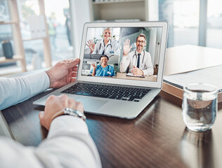 Poster - Online meeting, video call or doctors wave on laptop for webinar, virtual communication in hospital. Support, healthcare or medical worker discussing medicine, treatment or telehealth on computer