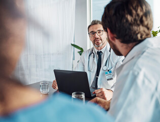 Poster - Doctors, teamwork or research on laptop for health, medicine or healthcare innovation planning, collaboration or consulting in hospital. Computer, nurses or meeting for medical surgery strategy