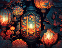 Chinese Style Candle Lanterns Glow On A Dark Background, Carved Details