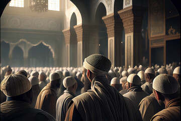 illustration of people in the great month of ramadan praying in the mosque . ai