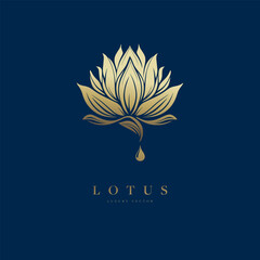 Wall Mural - Lotus flower logo on a blue background. Golden vector template motif. Luxury design elements. Great for fabric and textile, wallpaper, packaging or any desired idea.