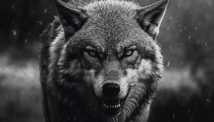 Wall Mural - greyscale closeup shot of an angry wolf with a blurred background generative ai