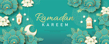 Islamic Festival Poster Background Design With Flowers And Lanterns,  Suitable For Ramadan Kareem , Hari Raya, Eid Mubarak, Eid Al Adha.