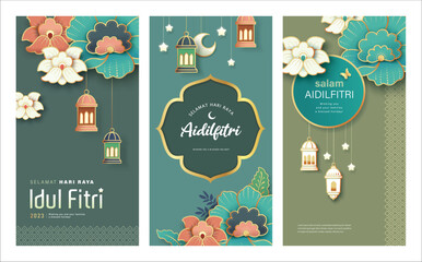 set of islamic festival banner design with flowers, lanterns and frames, suitable for ramadan kareem