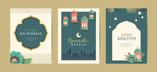 Wall Mural - Islamic festival poster background design with flowers and lanterns,  suitable for Ramadan Kareem , Hari Raya, Eid Mubarak, Eid al Adha.