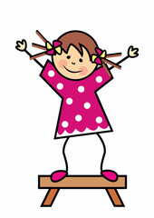 Wall Mural - Girl on a stool, character, hand up, cute vector illustration, cartoon