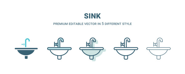 sink icon in 5 different style. Outline, filled, two color, thin sink icon isolated on white background. Editable vector can be used web and mobile