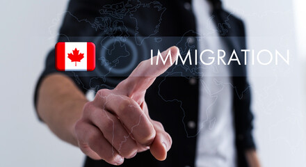 Man pointing at word IMMIGRATION and world map on dark blue background, closeup.