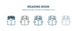 © Abstract - reading book icon in 5 different style. Outline, filled, two color, thin reading book icon isolated on white background. Editable vector can be used web and mobile