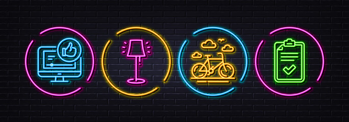 Poster - like video, bike rental and stand lamp minimal line icons. neon laser 3d lights. checklist icons. fo