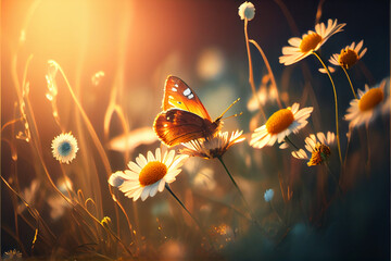 Field of daisies in golden rays of the setting sun in spring summer nature with an orange butterfly outdoors, AI Generated