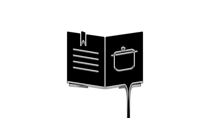 Sticker - Black Cookbook icon isolated on white background. Cooking book icon. Recipe book. Fork and knife icons. Cutlery symbol. 4K Video motion graphic animation