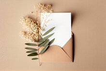 Blank Paper Sheet Card With Mockup Copy Space And Dry Flower Buds On Beige Background. AI Generated