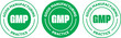 GMP (Good Manufacturing Practice) certified icon. Green color rounded symbol logo on transparent background, vector illustration.