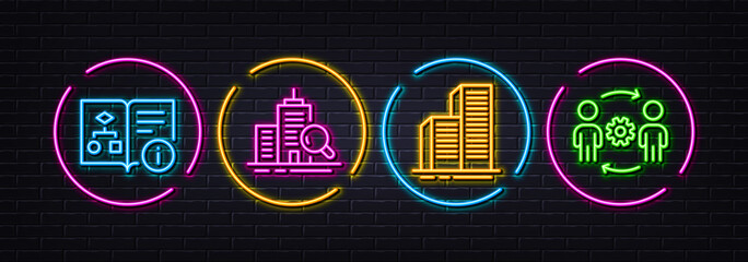 Poster - Technical algorithm, Inspect and Skyscraper buildings minimal line icons. Neon laser 3d lights. Engineering team icons. For web, application, printing. Vector