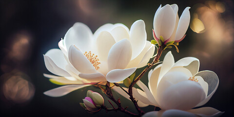 Wall Mural - Magnolia flowers in full bloom as panorama background, AI Generated