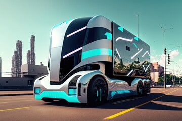 Wall Mural - A new futuristic electric driverless truck. Generative AI.