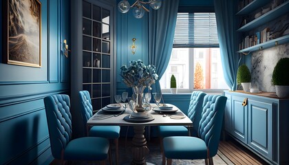 Wall Mural - small dining room interior , generative ai, warm sky blue colors, comfortable lamp and chair decoration