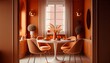 Illustration eines Esszimmer-Wandmodells mit warmer orangefarbener Essgarnitur, Holztisch auf dem Boden. generative ai.