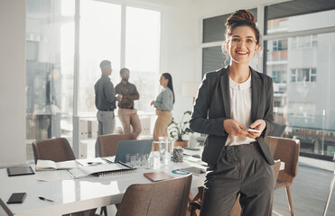 Aufkleber - Business woman, portrait and phone in boardroom, meeting room and busy office in Sweden. Happy worker typing on smartphone app, notification or contact management of corporate career, mobile or smile