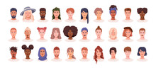 Face Portraits, Diverse Characters Avatars Set. Young Men, Women Heads, User Profiles. People With Different Appearance, Hairstyle, Race. Flat Vector Illustrations Isolated On White Background