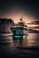 Canvas Print - White superyacht in the bay. Generative AI.	