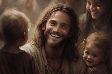 Painting of Jesus Christ smiling. Let the little children come to me. 