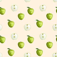 Wall Mural - Green apple fruit and leaves seamless pattern. Food background. Vector cartoon flat illustration.