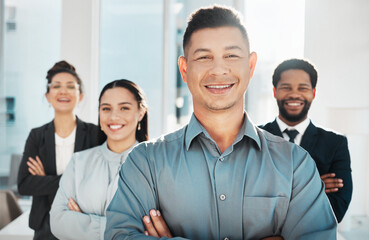 Wall Mural - Business people, leadership and portrait of proud team in office for collaboration, support and teamwork. Face, leader and group with diversity, vision and partnership, mission and united for goal