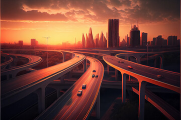 cityscape with trail and road with modern city sunset background