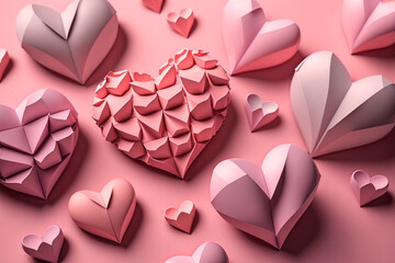 Wall Mural - generative ai illustration of paper hearts in different sizes in pink on pink background for mothers day or valentines day